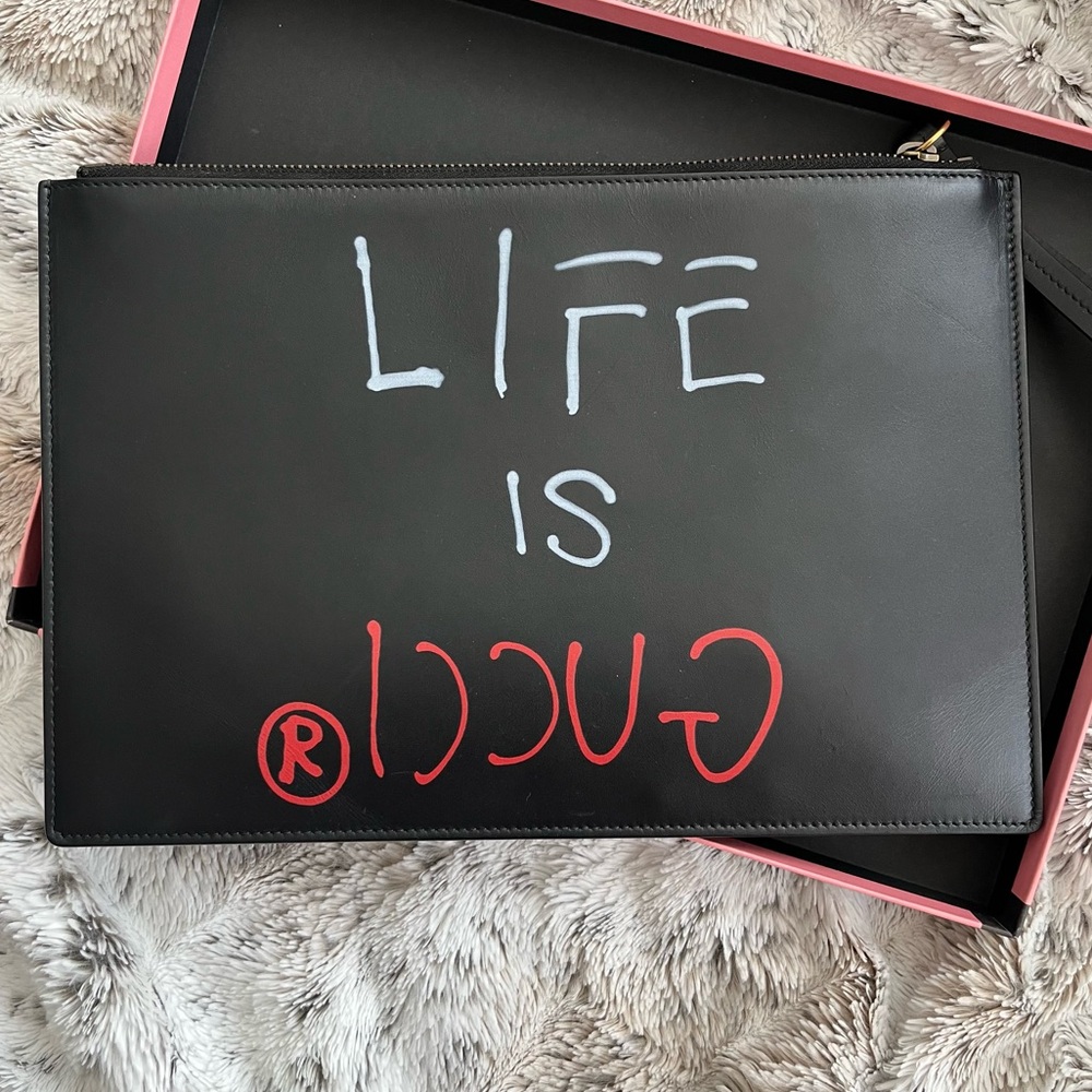 Gucci Life is Gucci Black Clutch with White/Red Graphic Text - Picture 11 of 12